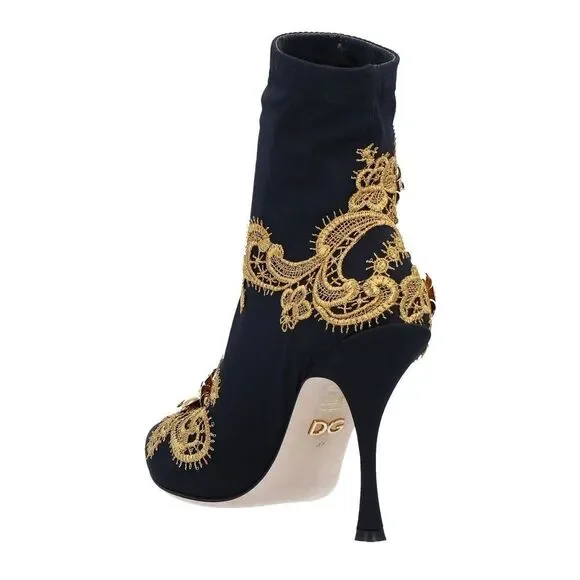 DOLCE & GABBANA Lori 100 Baroque Embroidery Lace Stretch Sock Boot Black Gold 36 - Picture 5 of 8